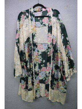 Laurie Felt Dark Green Floral Lace Duster/Open Front Cardigan-3X-Cottagecore